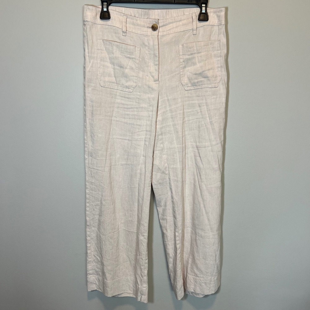 J. Jill Linen Stretch Wide Leg Pants Oatmeal Beige Women Small Pockets Elastic